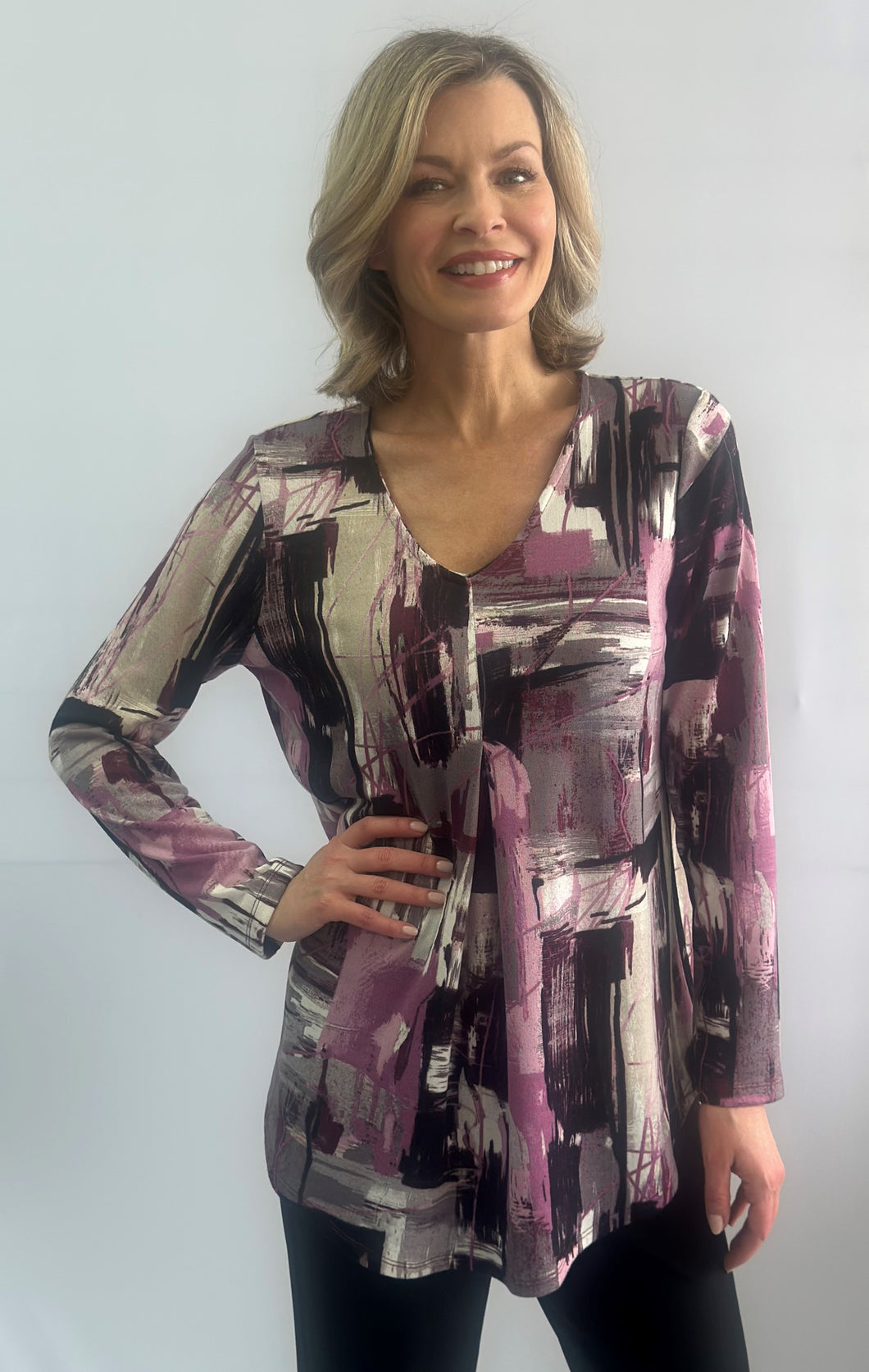 Soft Works Long Sleeve V-Neck Grey Rose Print Pleated Tunic Top