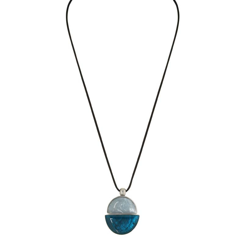 Merx Resin Denim Blues Half Circle Silver Trim Pendant - Sliding Lock Necklace