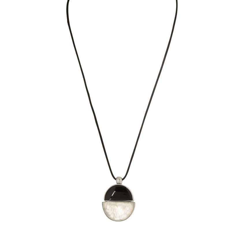 Merx Resin Charcoal & White Half Circle Silver Trim Pendant - Sliding Lock Necklace