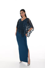 Load image into Gallery viewer, Frank Lyman Teal Gown with Embroidered Asymmetrical Cape
