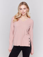 Load image into Gallery viewer, Charlie B Plushy Knit V-Neck Sweater with Side Slit &amp; Grommet Detail in Black Or Woodrose
