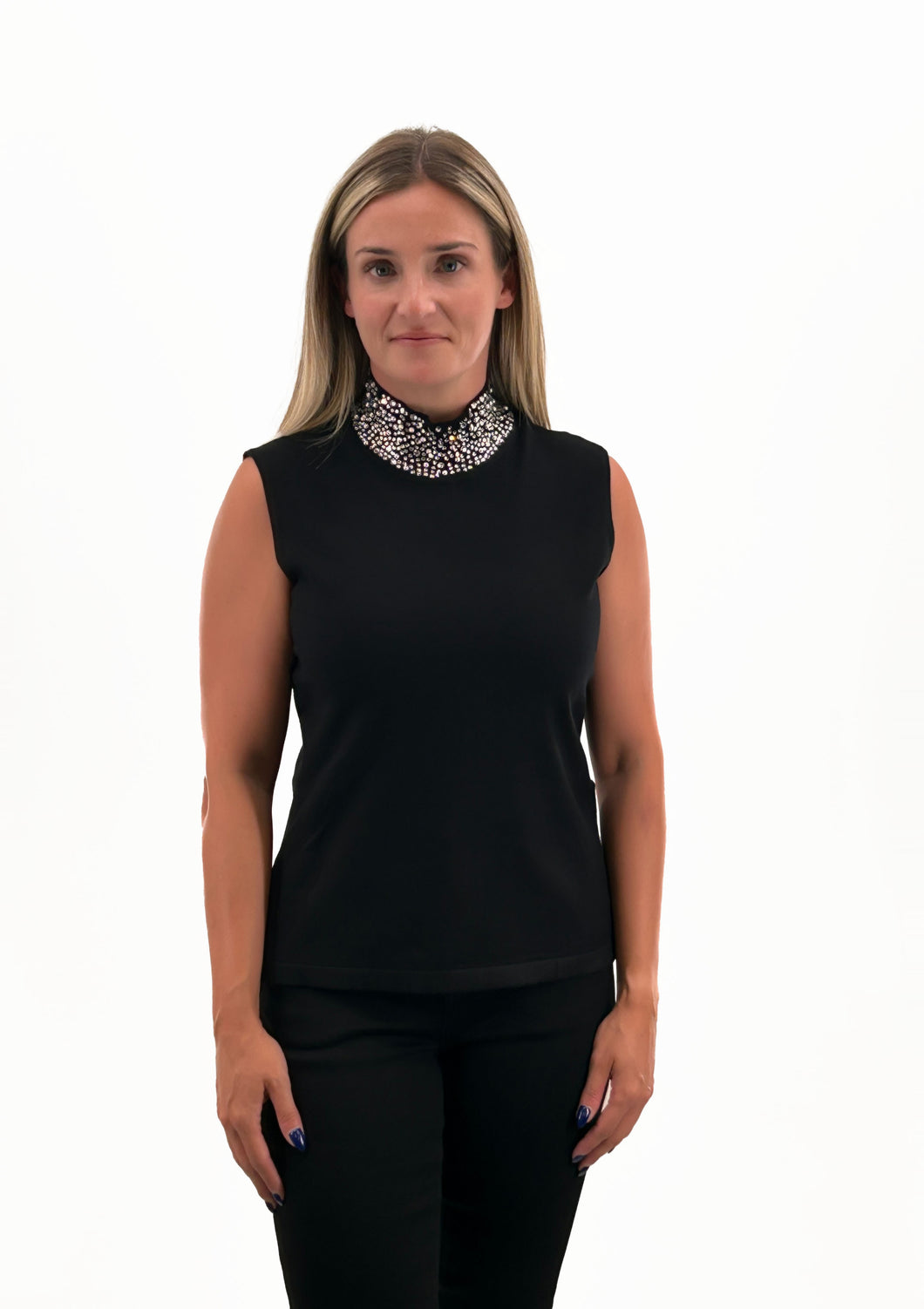 Orly Sleeveless Black Top with Embellished Mock Neck