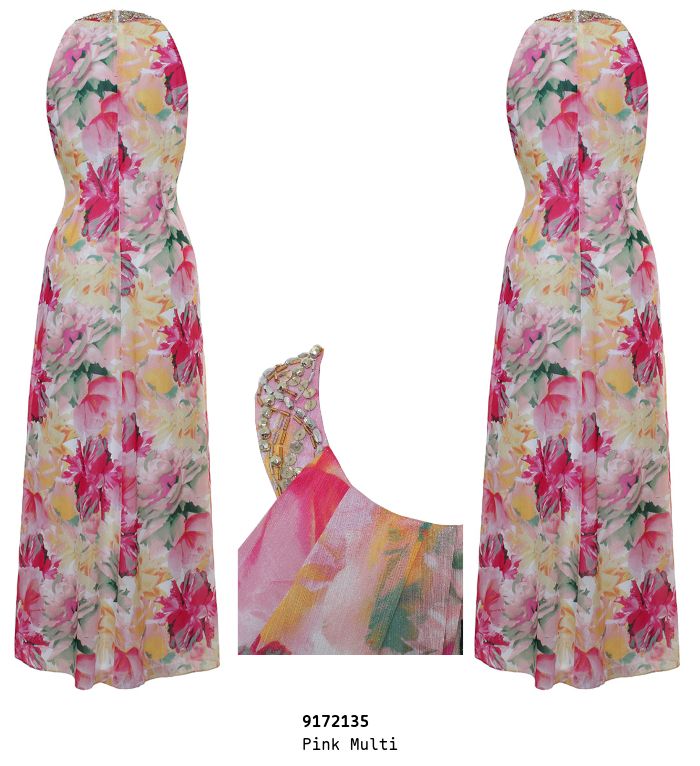 SLNY Pink Multi Floral Print Gown with Beaded Trimmed Halter Neckline