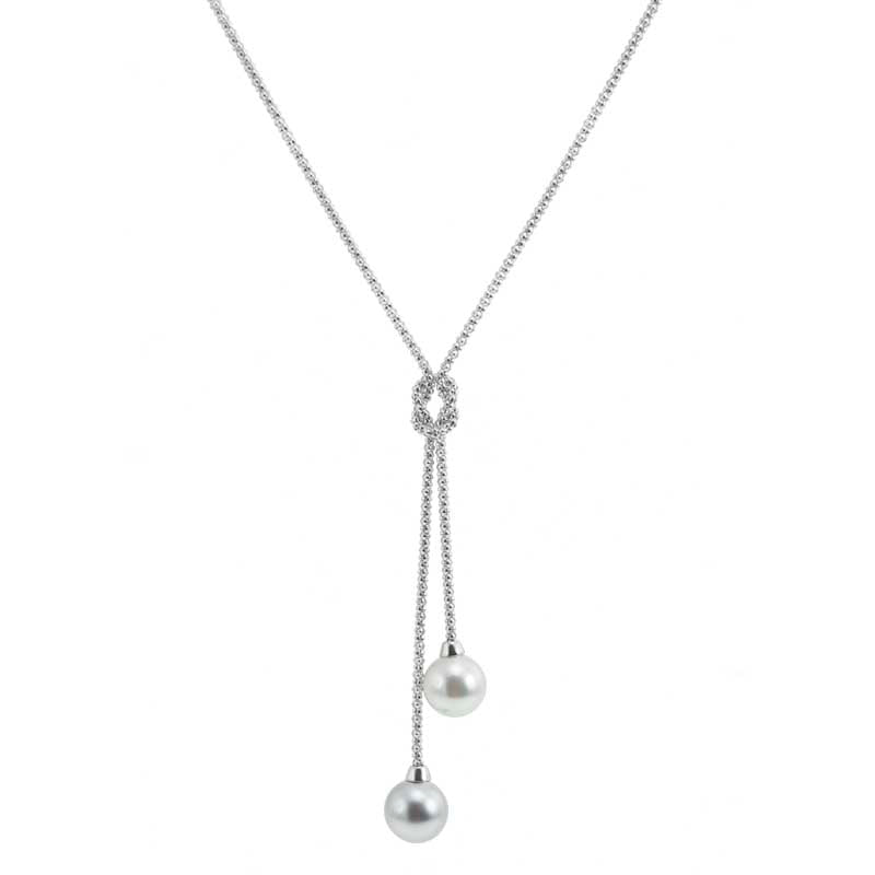 Merx Perla Long Shiny Silver Knotted Necklace with Grey & White Pearls