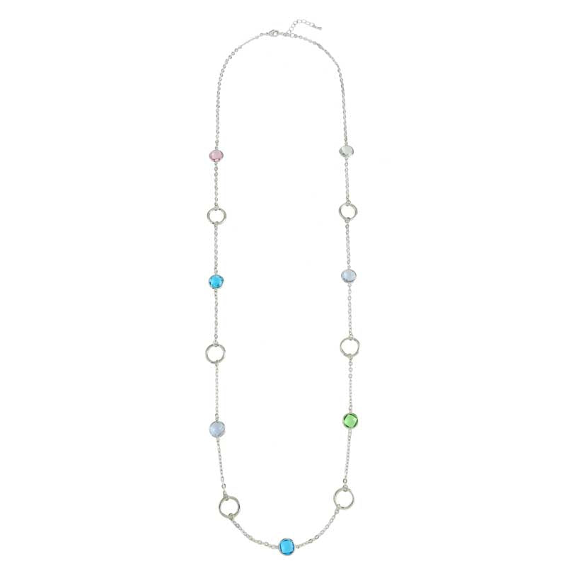 Merx Perla Long Rhodium Necklace with Cutout Circles & Multi-Coloured Jewels