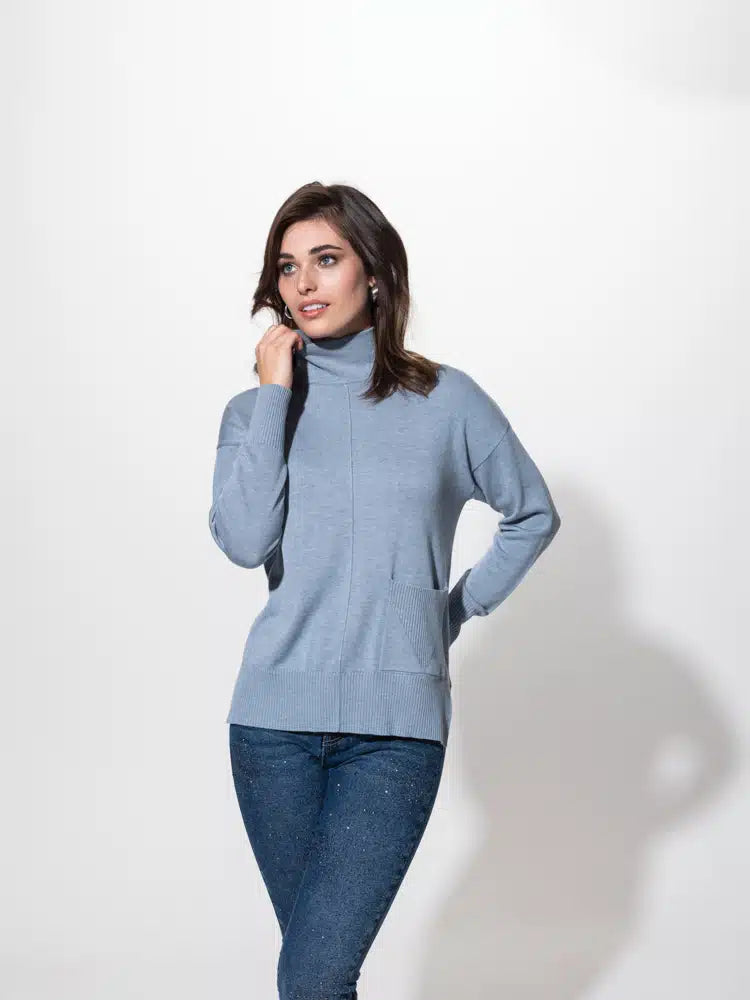 Alison Sheri Mock Neck Sweater with Front Pocket in Blue or Silver
