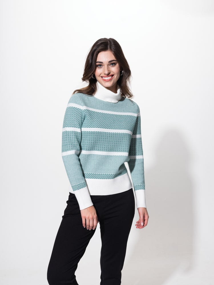 Alison Sheri Two Tone Green Ivory Stripe Turtleneck Sweater