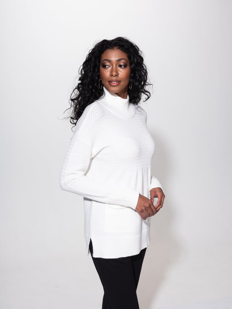 Alison Sheri Off White Mock Neck Tunic Sweater With Front Pockets