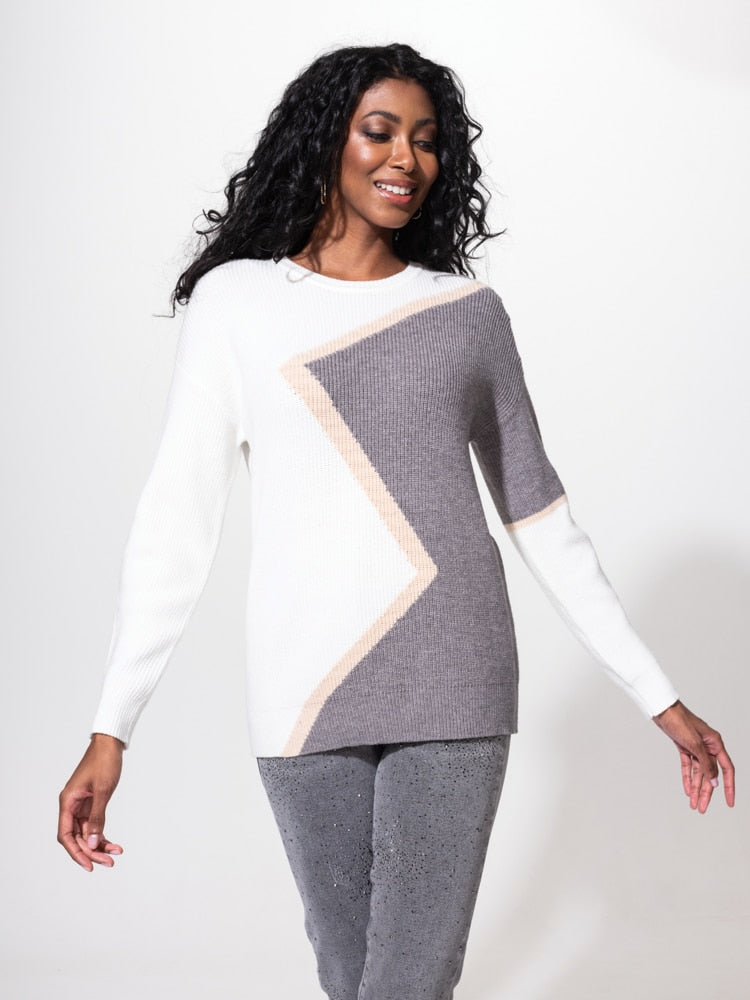 Alison Sheri Off White Round Neck Sweater with Colour Block Zig Zag Design