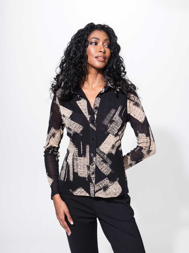 Alison Sheri Black & Taupe Blouse with Sheer Sleeves