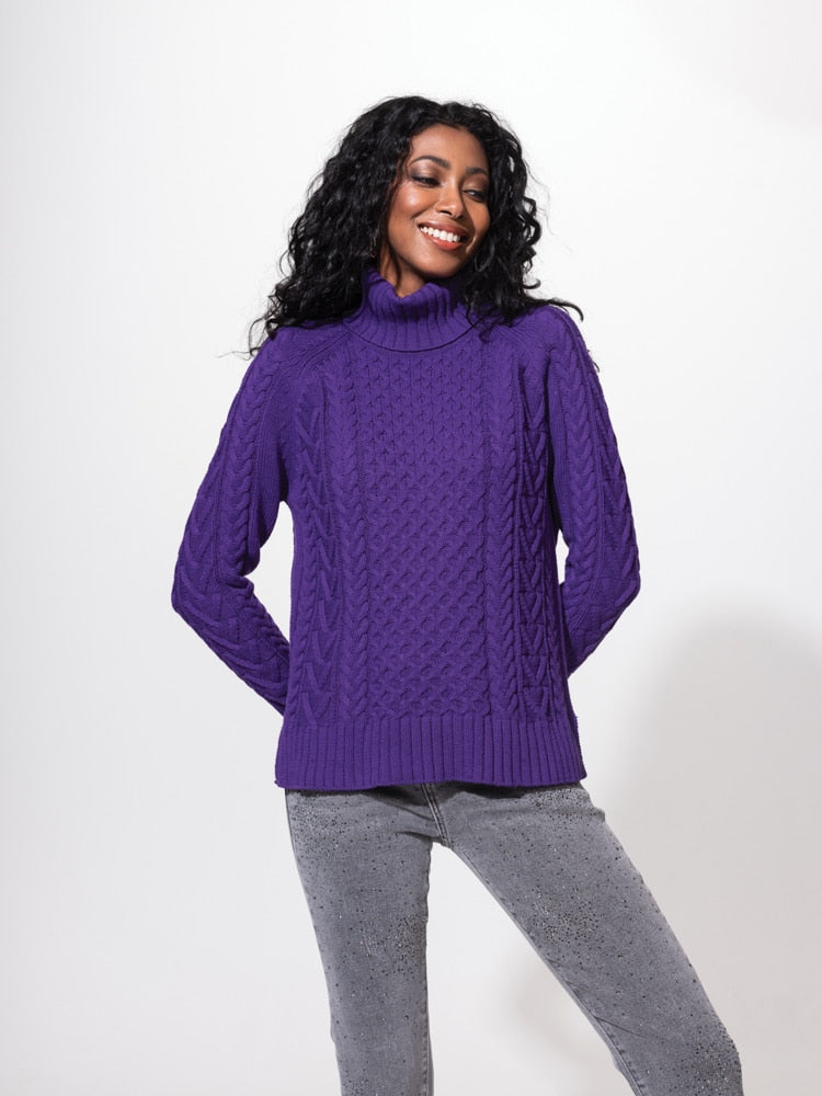 Alison Sheri Cable Knit Turtleneck Pulloever Sweater in Purple or Blue
