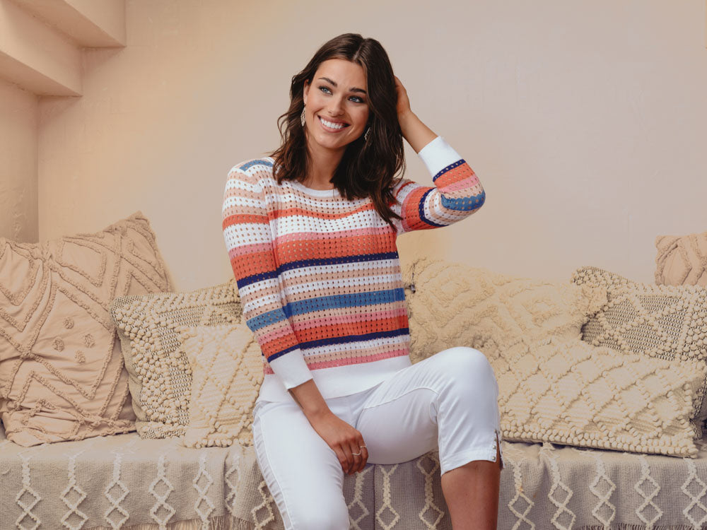 Alison Sheri Multi Colour Round Neck 3/4 Sleeve Stripe Cotton Knit Sweater