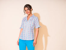 Load image into Gallery viewer, Alison Sheri Half Sleeve V-Neck Azure Bliss Stripe Cotton Blouse
