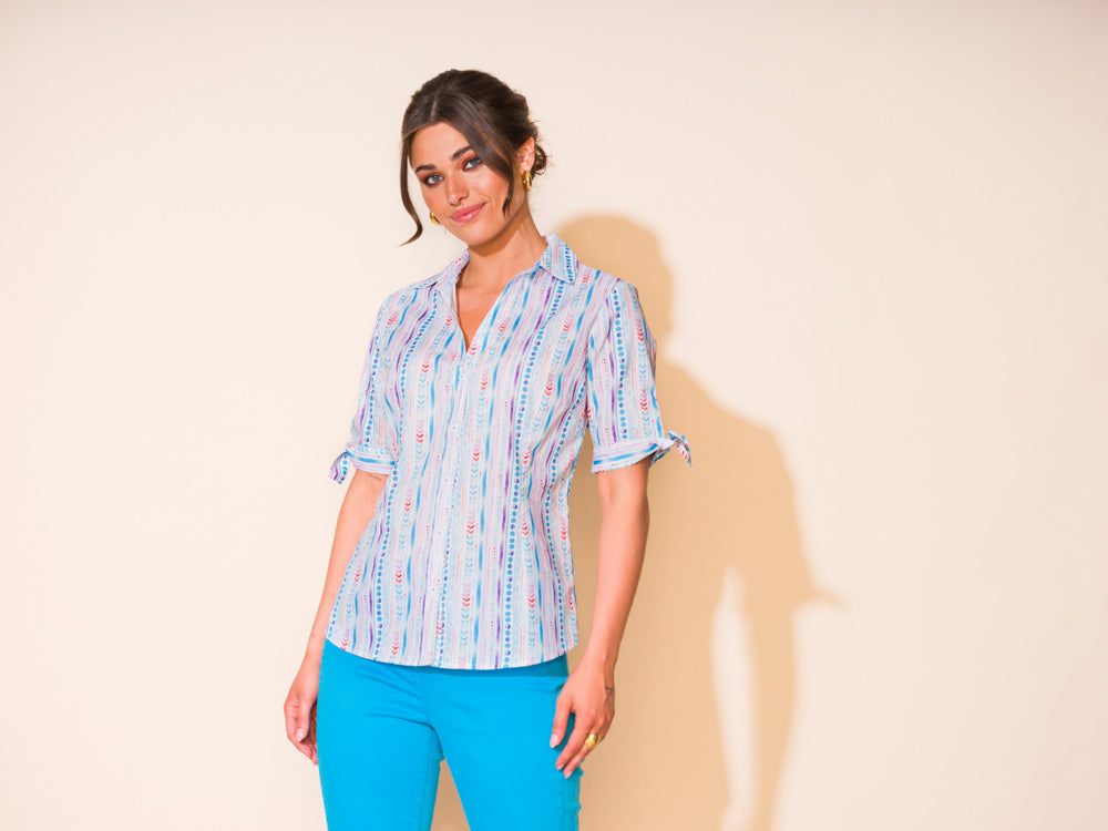 Alison Sheri Half Sleeve V-Neck Azure Bliss Stripe Cotton Blouse