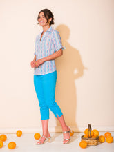 Load image into Gallery viewer, Alison Sheri Half Sleeve V-Neck Azure Bliss Stripe Cotton Blouse
