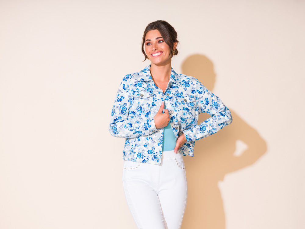 Alison Sheri Azure Bliss Floral Print Denim Style Jacket
