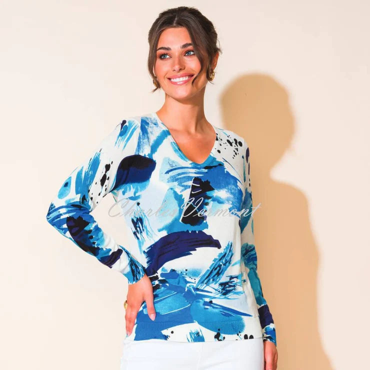 Alison Sheri Blue Multi Long Sleeve V-Neck Abstract Print Knit Sweater