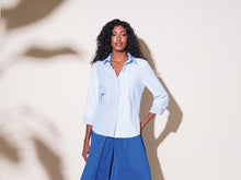 Load image into Gallery viewer, Alison Sheri 3/4 Sleeve V-Neck Whispering Winds Blue White Variant Stripe Blouse
