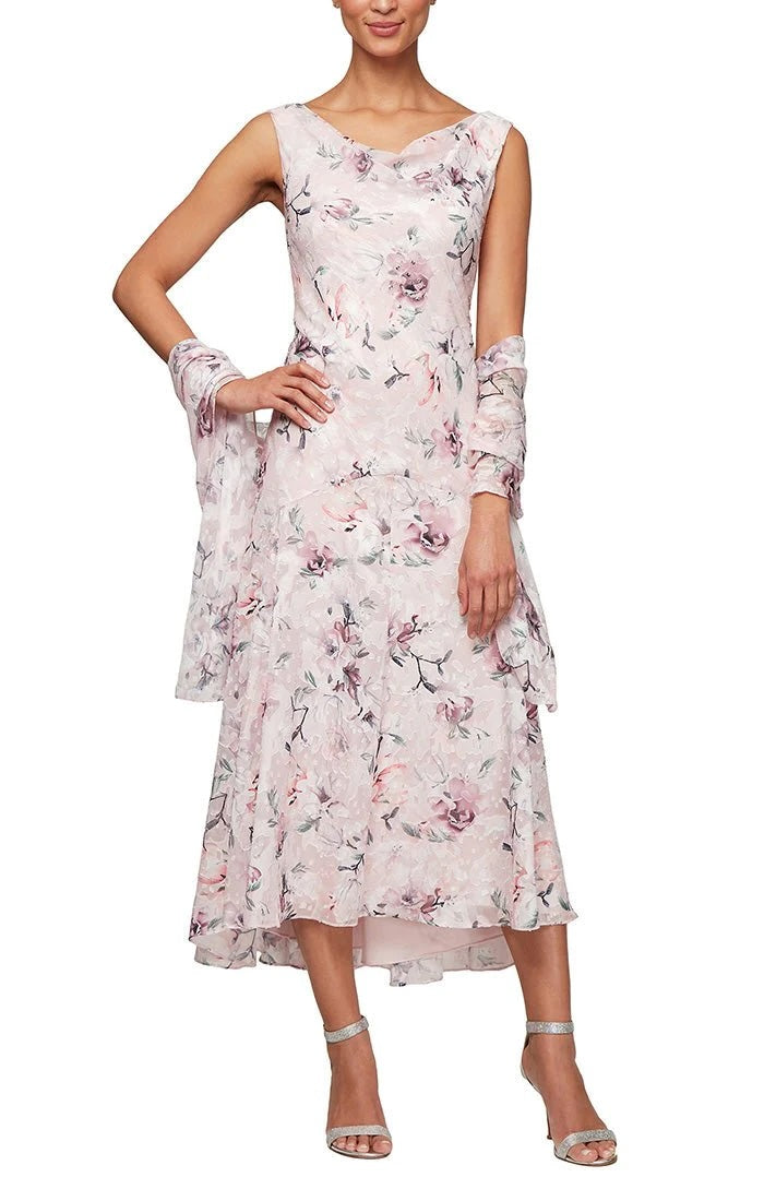 Alex Evenings Tea-Length Cowl Neck Printed Chiffon Dress with High/Low Skirt and Shawl
