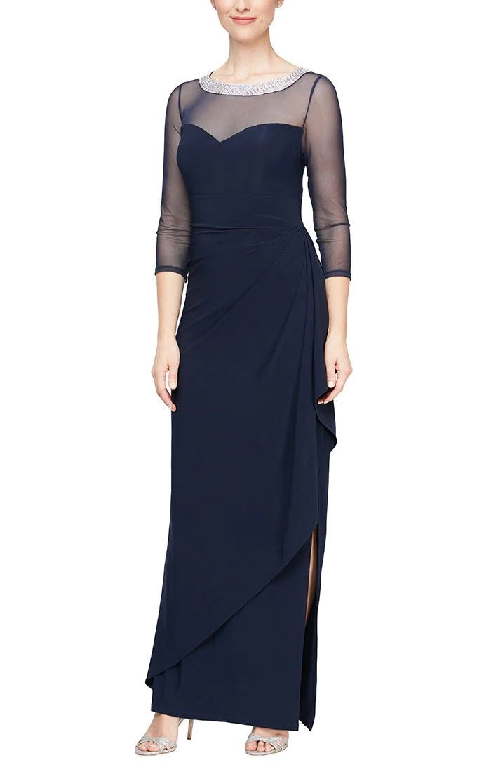 Alex Evenings Navy 3/4 Sheer Sleeve Gown with Beaded Neckline