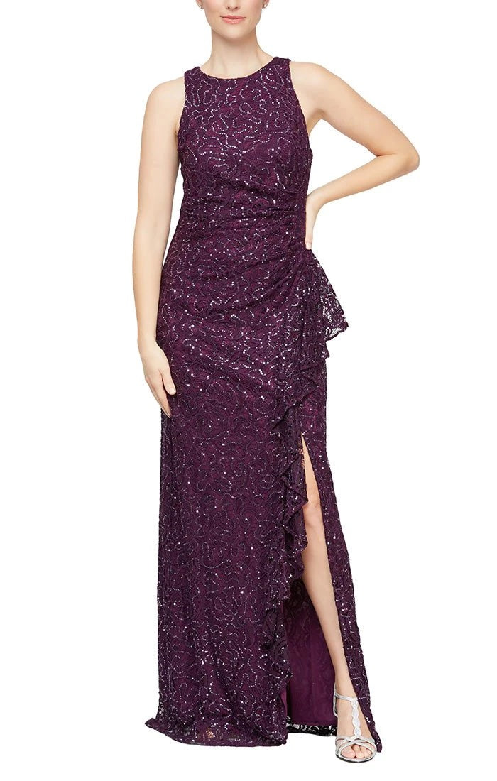 Alex Evenings Plum Sleeveless Lace & Sequined Gown with Side Flounce & Side Slit