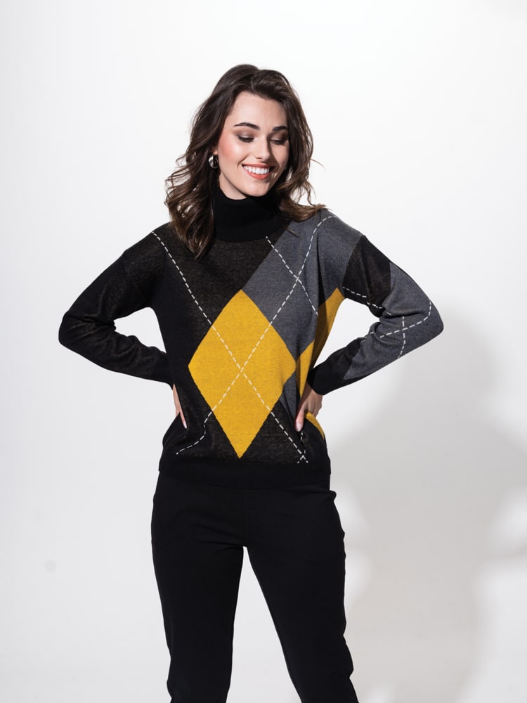 Alison Sheri Argyle Turtleneck Sweater in Black/Grey/Gold