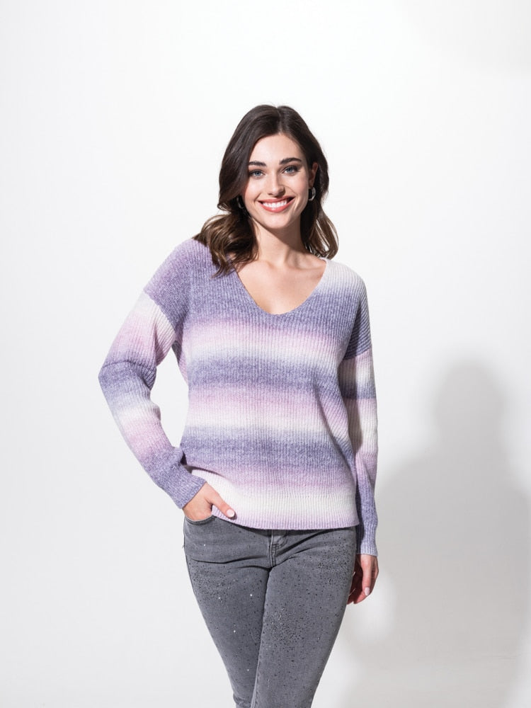 Alison Sheri V-Neck Multi Colour Purple Pink Stripe Sweater