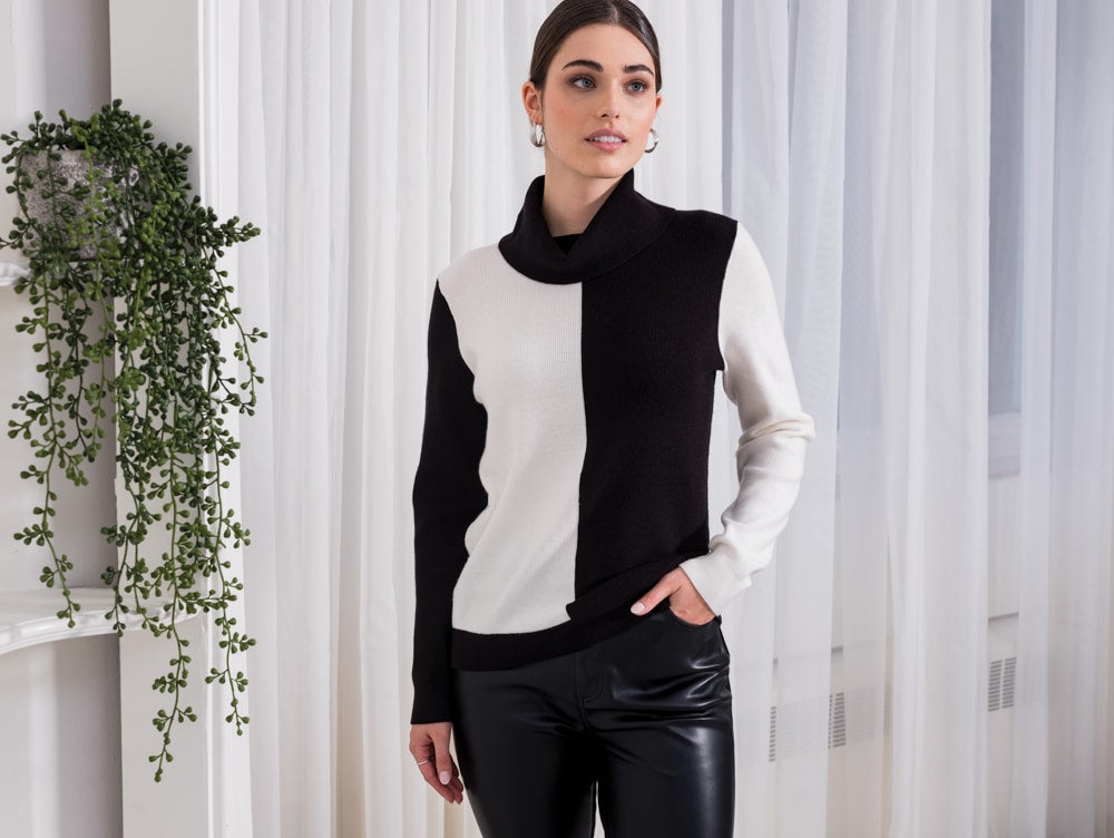 Alison Sheri Black Ivory Colour Block Design Turtleneck Sweater