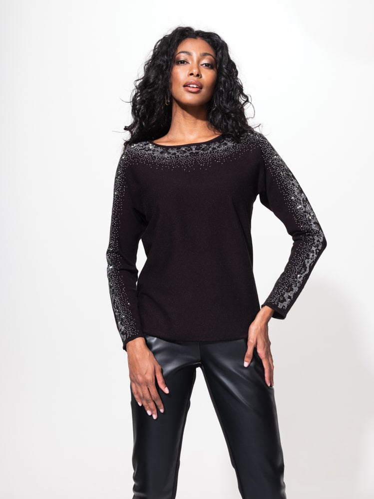 Alison Sheri Black Top with Bling on Neckline and Sleeves