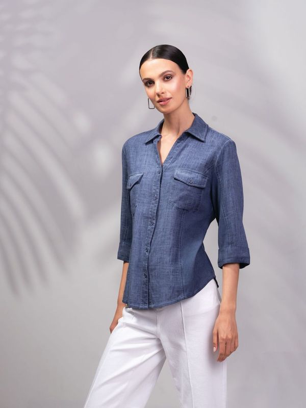 Alison Sheri Indigo 3/4 Sleeve Button Front Shirt