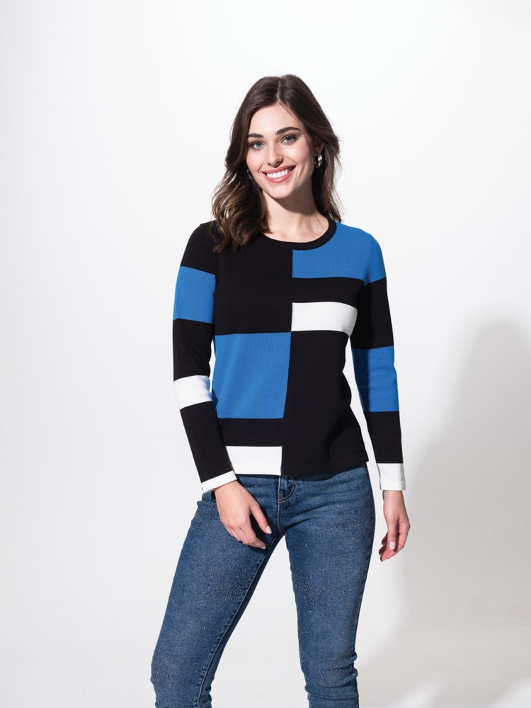 Alison Sheri Royal Black Ivory Colour Block Design Round Neck Sweater