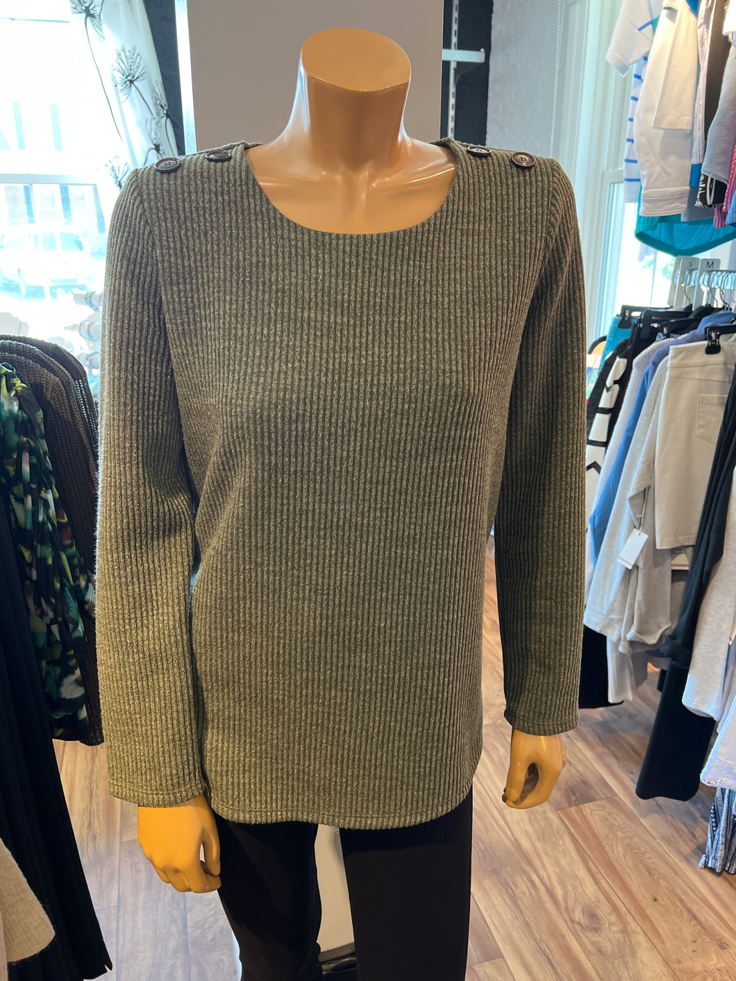 Soft Works Olive Round Neck Ribbed Long Sleeve Top with Button Detail on Shoulders