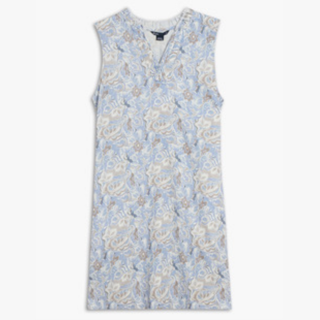 Lois Clara Blue Combo Sleeveless Pleated Ruffle Neck Print Linen Dress with Pockets