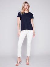 Load image into Gallery viewer, Charlie B Short Sleeve V-Neck Linen Jersey T-Shirt in Navy, Melon or Dusty Rose
