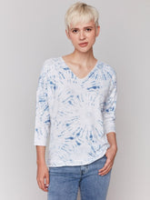 Load image into Gallery viewer, Charlie B Denim Printed V-Neck, Drop Shoulder 3/4 Sleeve Knit Top
