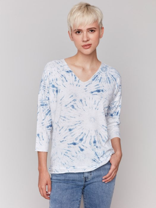 Charlie B Denim Printed V-Neck, Drop Shoulder 3/4 Sleeve Knit Top