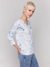 Load image into Gallery viewer, Charlie B Denim Printed V-Neck, Drop Shoulder 3/4 Sleeve Knit Top
