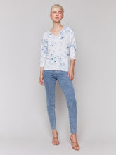 Load image into Gallery viewer, Charlie B Denim Printed V-Neck, Drop Shoulder 3/4 Sleeve Knit Top
