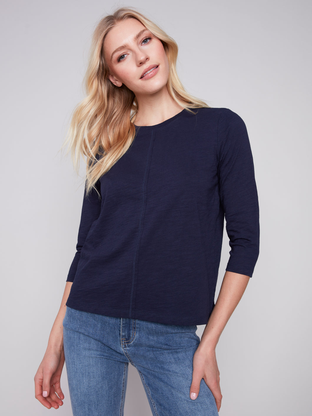 Charlie B 3/4 Sleeve Round Neck Organic Cotton Knit Top in Navy or Cherry