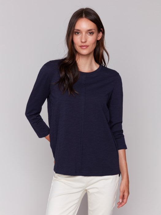 Charlie B Navy Organic Cotton 3/4 Sleeve Knit Top With Front Seam Detail