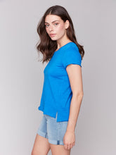 Load image into Gallery viewer, Charlie B Cotton Short Sleeve Knit Top With Front Seam Detail in Coastal or Begonia
