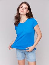 Load image into Gallery viewer, Charlie B Cotton Short Sleeve Knit Top With Front Seam Detail in Coastal or Begonia
