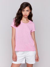 Load image into Gallery viewer, Charlie B Cotton Short Sleeve Knit Top With Front Seam Detail in Coastal or Begonia
