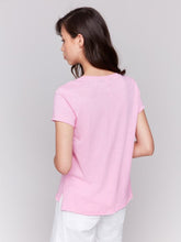 Load image into Gallery viewer, Charlie B Cotton Short Sleeve Knit Top With Front Seam Detail in Coastal or Begonia
