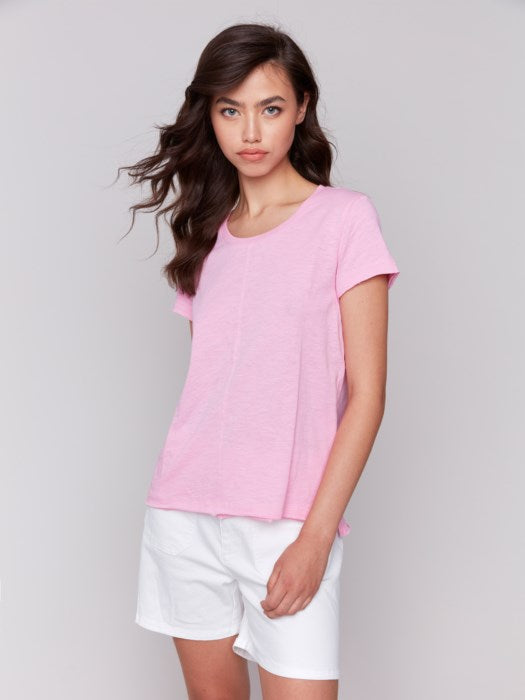 Charlie B Cotton Short Sleeve Knit Top With Front Seam Detail in Coastal or Begonia