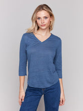 Load image into Gallery viewer, Charlie B Linen Jersey Knit V-Neck 3/4 Sleeve Top with Neck Trim
