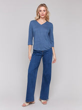 Load image into Gallery viewer, Charlie B Linen Jersey Knit V-Neck 3/4 Sleeve Top with Neck Trim
