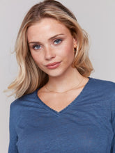 Load image into Gallery viewer, Charlie B Linen Jersey Knit V-Neck 3/4 Sleeve Top with Neck Trim
