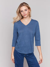 Load image into Gallery viewer, Charlie B Linen Jersey Knit V-Neck 3/4 Sleeve Top with Neck Trim
