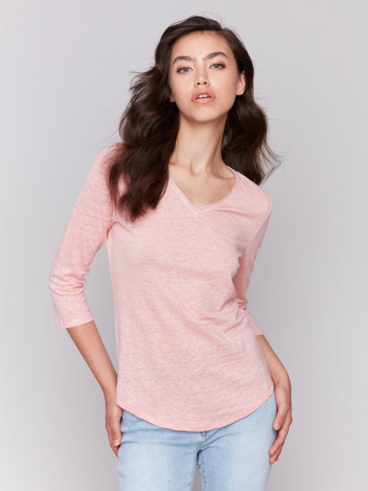 Charlie B Linen Jersey Knit V-Neck 3/4 Sleeve Top with Neck Trim